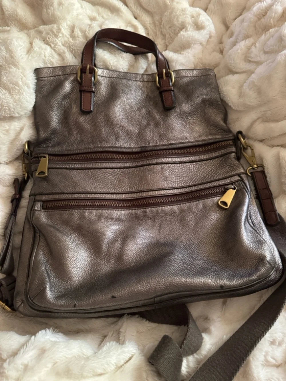 Fossil Metallic Brown Leather Briefcase Tote